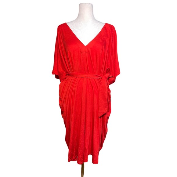 Trina Turk Maxi Caftan Dress V-Neck Short Sleeves Bright Red Orange Womens Sz 10 - Picture 1 of 8